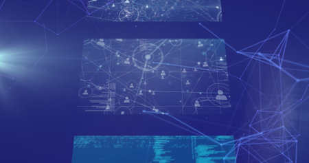 Image of network of connections over data processing on blue background. global connections, data...