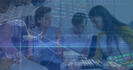 Image of financial data processing and stock market over diverse business people. global business,...