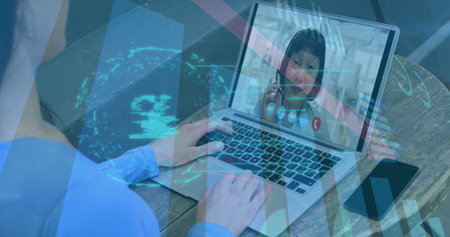 Image of online security padlock over caucasian businesswoman on laptop image call. business, finance and data processing concept digitally generated image.の写真素材
