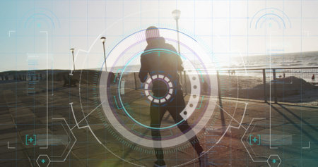 Image of digital interface over a running african american man. Global connections, wellbeing,...