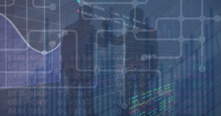 Image of data processing over silhouettes of business people. global business, finances and digital...