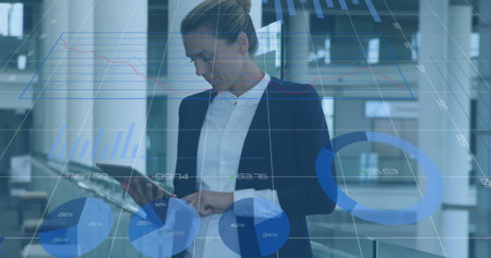 Three lab scientists typing and examining financial data on screen with floating stock symbols