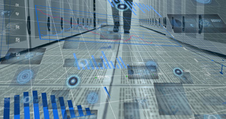 Image of data processing over server room. global business, digital interface and technology concept...