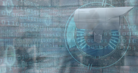 Image of financial data processing and security camera over cityscape. global connections, data...