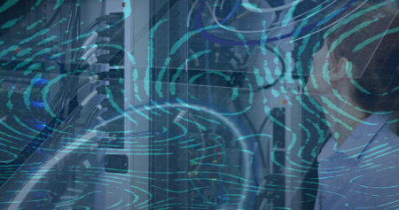 Image of water lines over servers and happy caucasian woman. colour, movement, technology and...