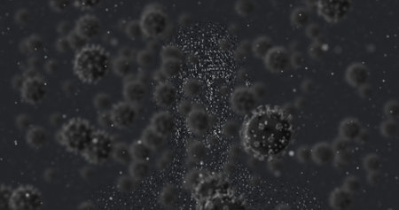 Image of covid 19 cells falling over dark background. global covid 19 pandemic concept digitally...