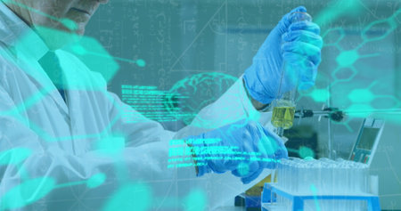 Image of scientific data over hands of senior caucasian male lab worker with sample. health,...