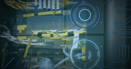 Image of data processing over computer wires. image of data processing over caucasian woman checking...