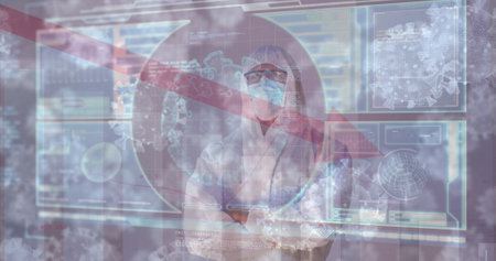 Mid-adult man standing in PPE gear in laboratory, with gloves, mask, goggles and virus data screens. Biotech, safety, analytics, innovation, health, futuristic, researchの写真素材