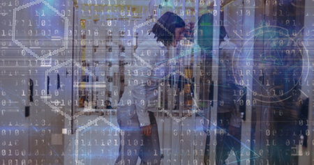 Image of binary coding data over computer servers and tired caucasian female it engineer. global internet security, data processing and digital interface concept digitally generated image.の写真素材