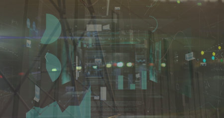 Statistical data processing against screens with mathematical equations and night city traffic....