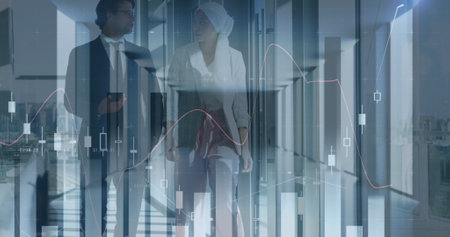 Image of financial data processing over two diverse business people. global business, finances, data...