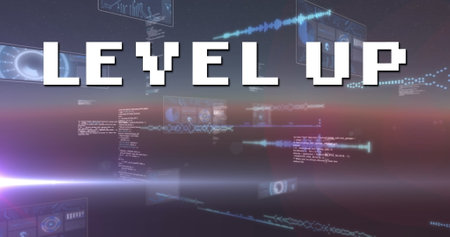Image of level up text over scope scanning and data processing. global social media, data processing...