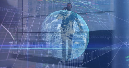 Image of financial data processing and globe over biracial businessman using smartphone. global business, finances, data processing and digital interface concept digitally generated image.の写真素材
