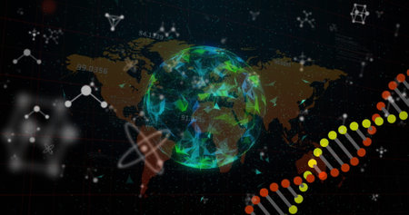 Image of dna strand spinning and molecules over globe and world map. global science, research and...