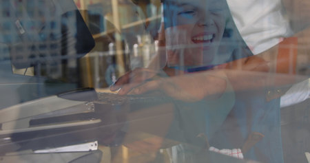 Image of men using computer over businesswomen. global business, success, connections and data...