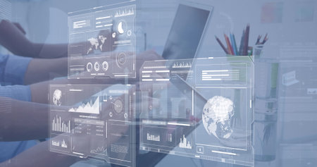 Image of data processing over diverse business people using laptops. global business and digital...