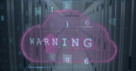 Image of cloud, warning text and data processing over computer servers in background. global internet security, data processing and digital interface concept digitally generated image.の写真素材