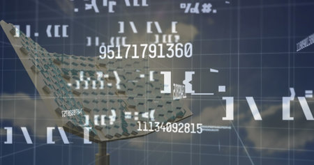 Image of financial data processing over solar panels. electricity, energy and power distribution digitally generated image.の写真素材