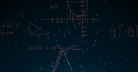 Image of math graps and data over black background. education, learning and science concept digitally generated image.の写真素材