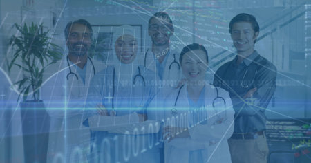 Image of data processing over diverse group of doctors. global science, connections, data processing...