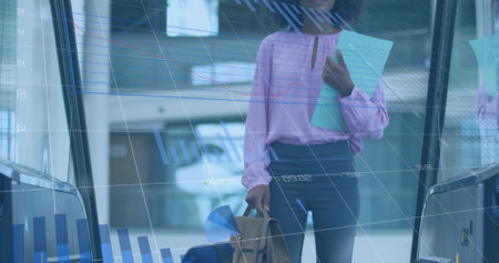 Image of financial data processing over african american businesswoman. global business, finances,...