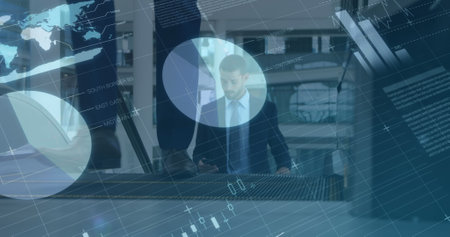 Image of financial data processing over biracial businessman using smartphone. global business,...
