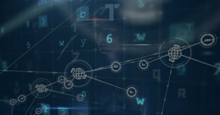 Image of digital interface and network of connections over hacker. global connections, data...