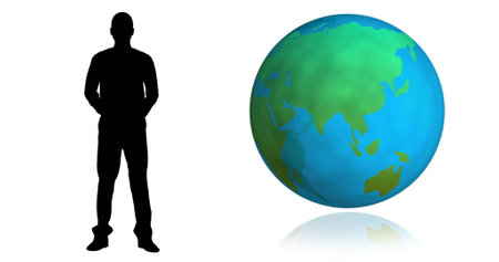 Image of man shadow and globe on white background. globalization and society concept digitally generated image.の写真素材