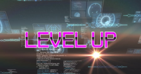 Image of level up text over scope scanning and data processing. global social media, data processing...
