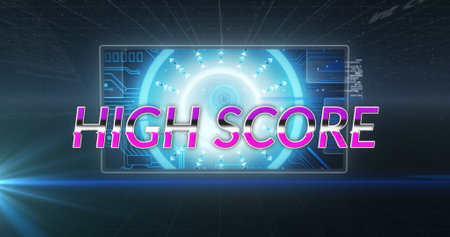 Image of high score text over scope scanning and data processing. global social media, data processing and digital interface concept digitally generated image.の写真素材