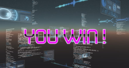 Image of win text over scope scanning and data processing. global social media, data processing and...