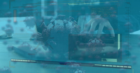 Floating 3D-rendered coronavirus particle hovering above desk keyboard with digital UI overlays. Medical, technology, innovation, data, healthcare, science, digitalの写真素材