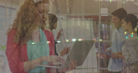 Image of data processing over diverse group of people. global science, connections, data processing...