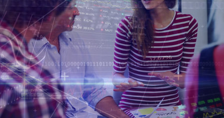 Image of financial data processing over diverse group of business people. global business, finances,...