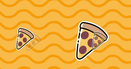 Image of pizza icons over waves on yellow background. celebration and digital interface concept digitally generated image.の写真素材