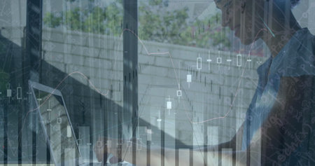 Image of financial data processing and mathematical equations over biracial businesswoman. global...