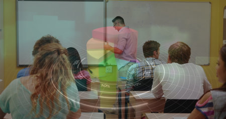 Statistical data processing against caucasian male teacher teaching students in a class at college. college, education and technology conceptの写真素材