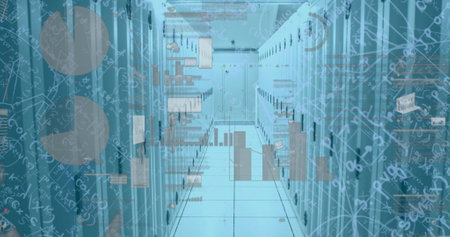 Image of financial data processing and mathematical equations over server room. global business,...