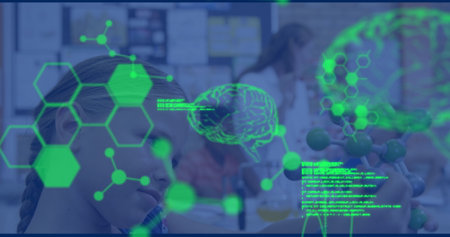 Image of data processing and chemical formula over diverse schoolchildren and teacher. global...