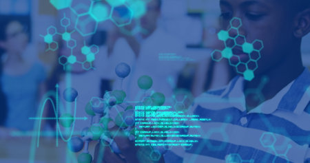 Image of data processing and chemical formula over diverse schoolchildren and teacher. global science, technology and digital interface concept digitally generated image.の写真素材