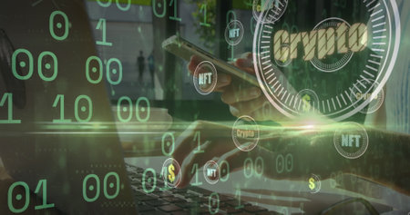 Image of crypto in circles and binary code over hands of caucasian businessman using laptop. digital...