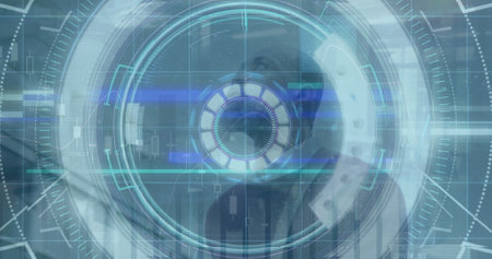 Image of data processing and scope scanning over african amercian businessman. global business, technology and digital interface concept digitally generated image.の写真素材