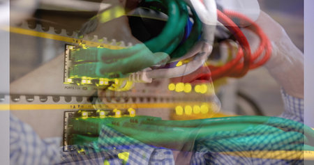 Image of server room over caucasian man using vr headset. global technology and digital interface...