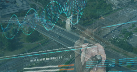 Image of data processing over biracial girl using vr headset and cityscape. global business and...