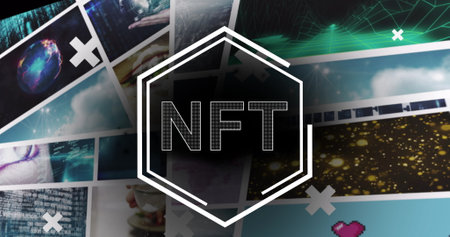 Image of nft in hexagon over screens with diverse data. digital resources and technology concept...