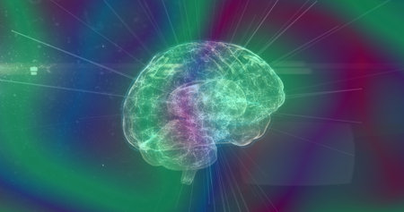 Image of brain and shapes on colourful background. retro future and digital interface concept...
