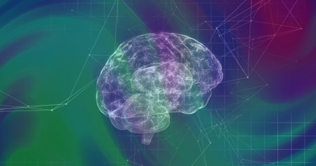 Image of brain and shapes on colourful background. retro future and digital interface concept...