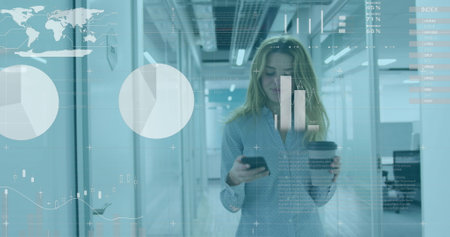 Image of data processing over caucasian businesswoman using smartphone. global business, finances,...