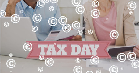 Image of euro symbols over tax day text and diverse business people doing paperwork. tax day and celebartion concept digitally generated image.の写真素材